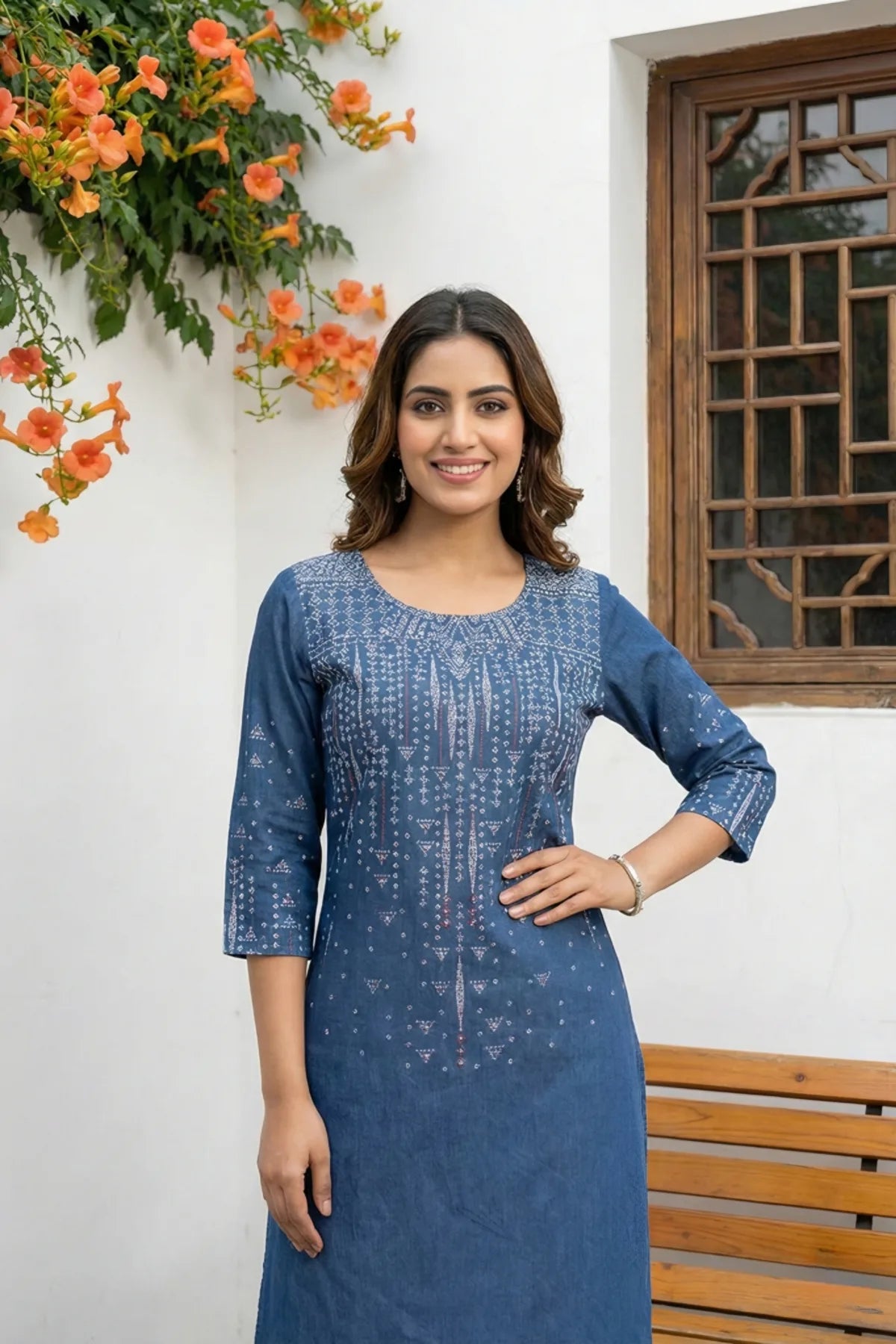 Indigo Blue Denim Long Kurti with Printed Motifs and Thread Work