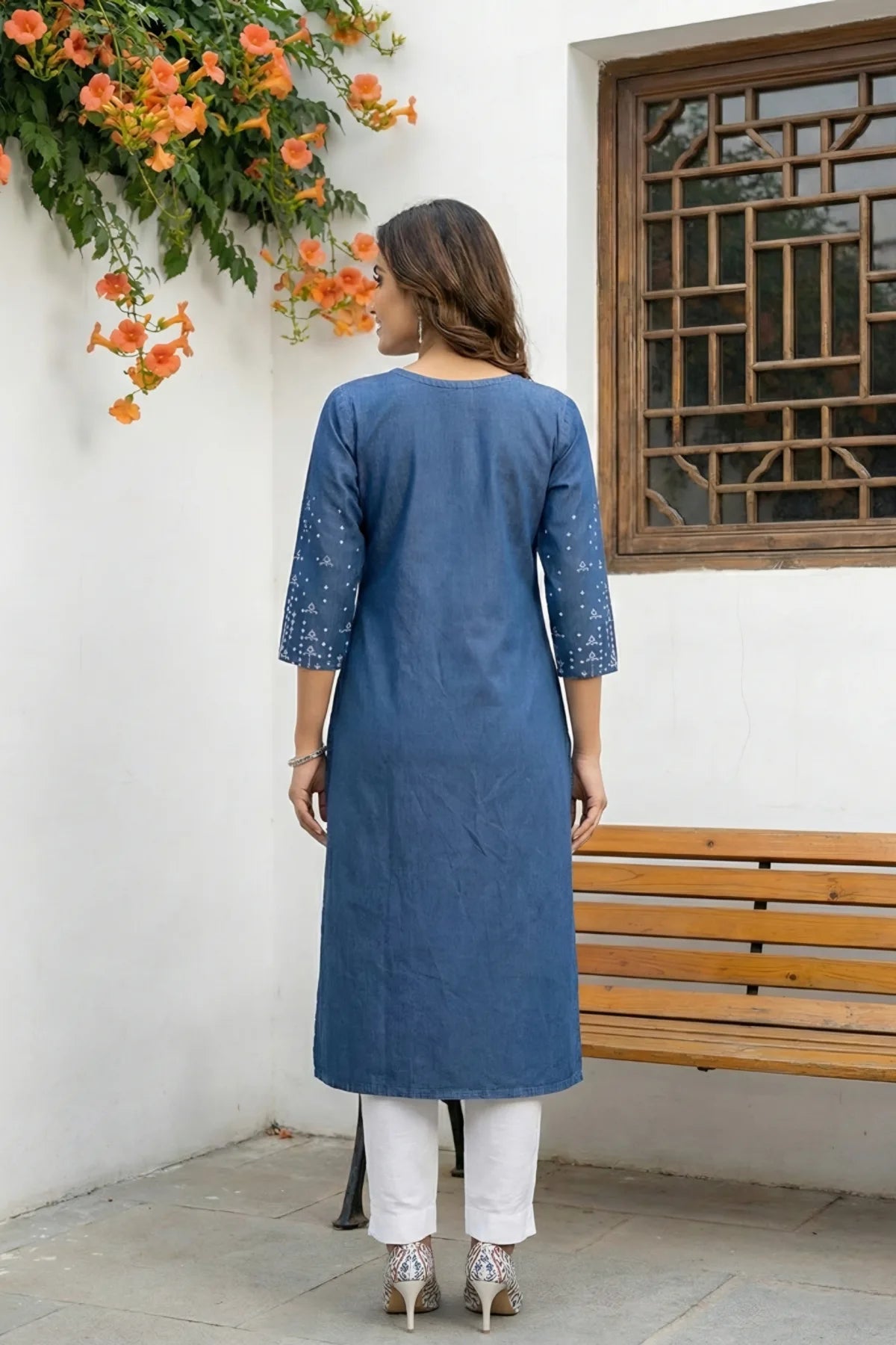Indigo Blue Denim Long Kurti with Printed Motifs and Thread Work