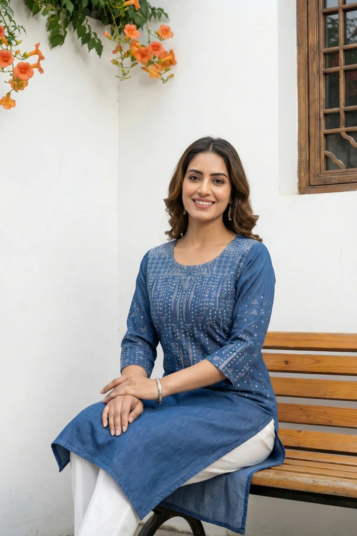 Indigo Blue Denim Long Kurti with Printed Motifs and Thread Work
