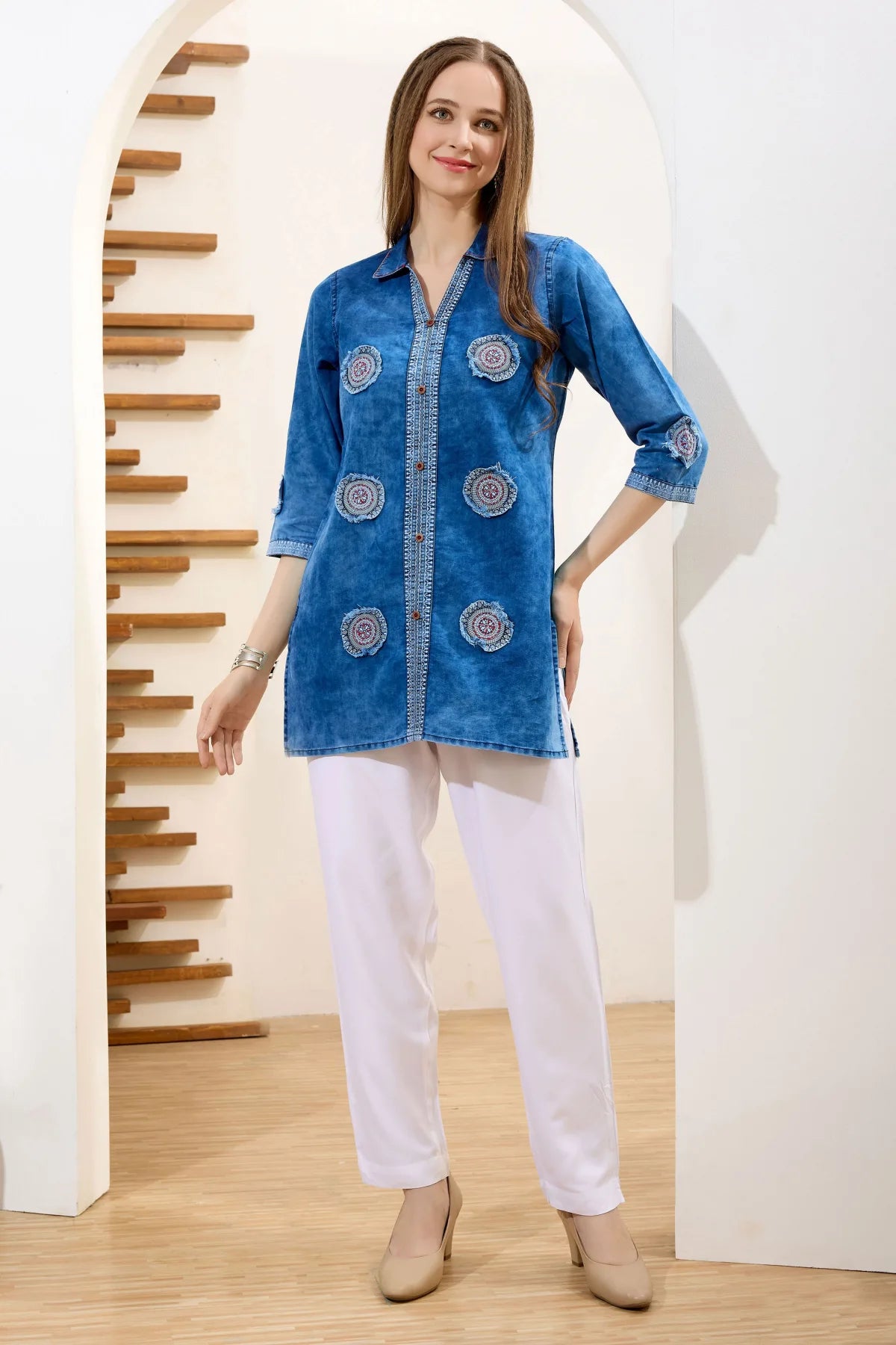 Denim Blue Cloud Washed Short Tunic with Patch Work