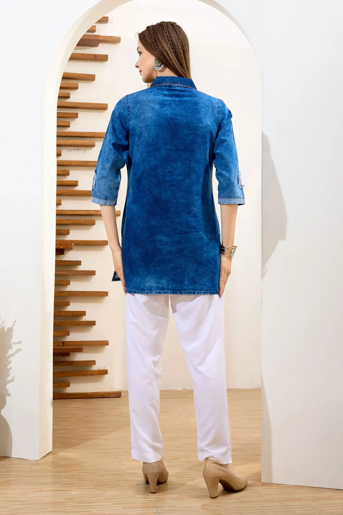 Denim Blue Cloud Washed Short Tunic with Patch Work