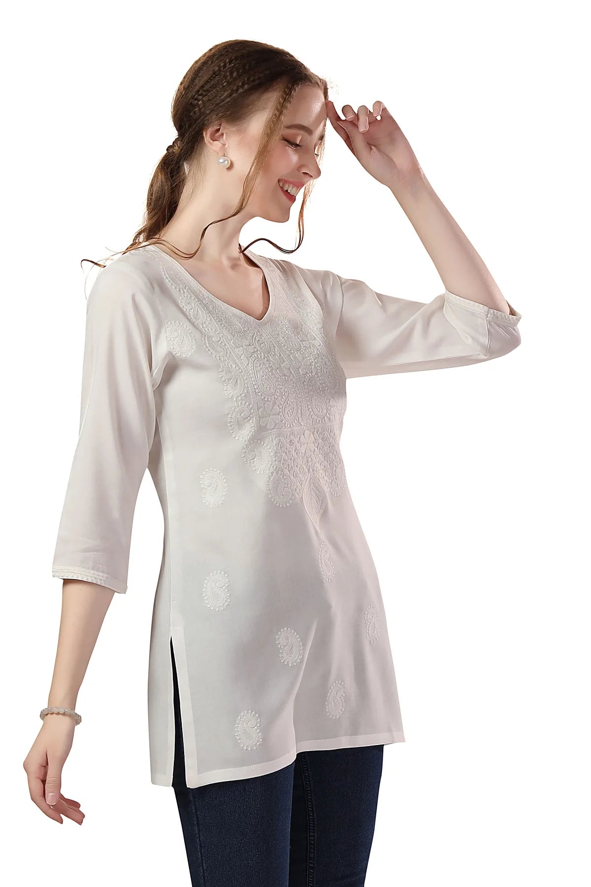 Cream Rayon Chikankari Kurti Tunic