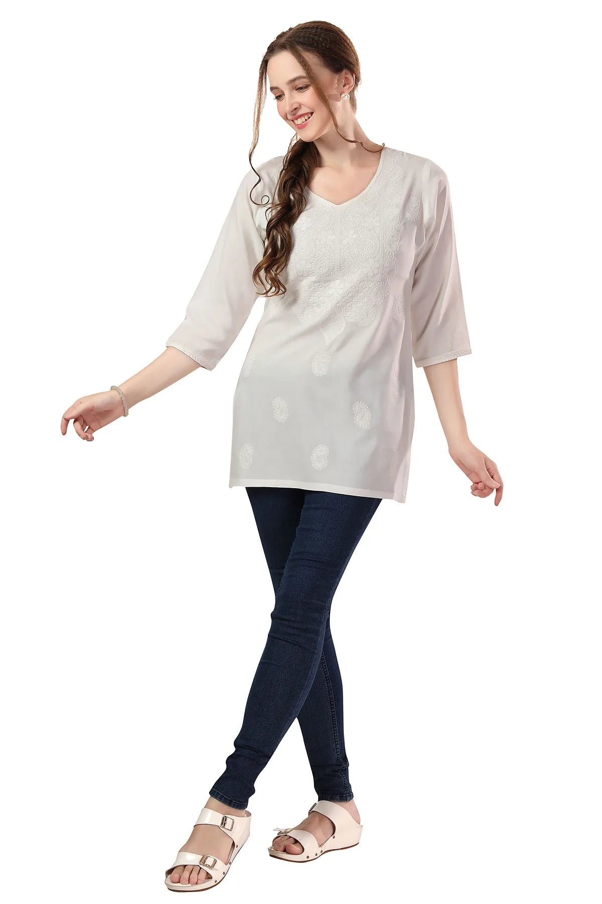 Cream Rayon Chikankari Kurti Tunic
