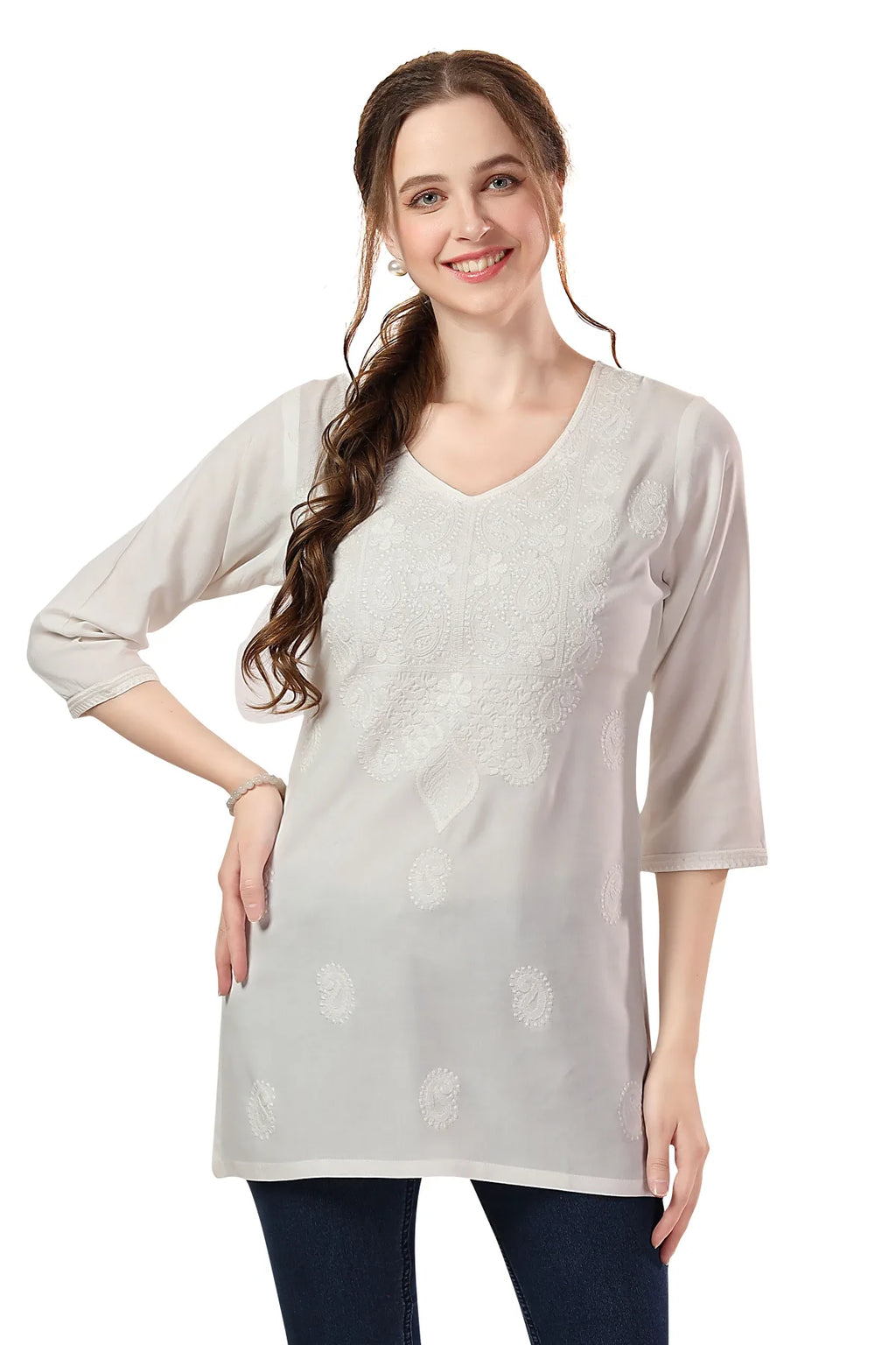 Cream Rayon Chikankari Kurti Tunic