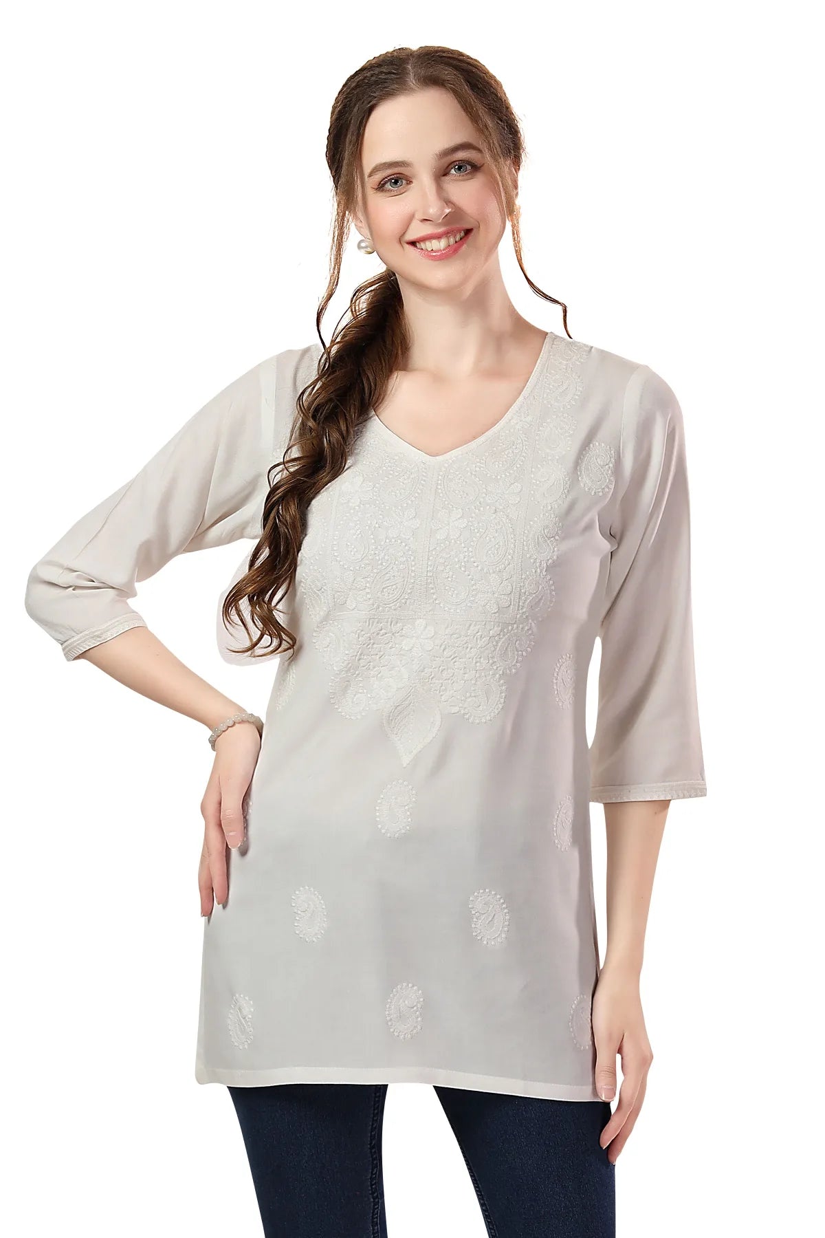Cream Rayon Chikankari Kurti Tunic