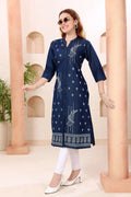 Denim Blue Kurti with Band Collar and Hand Embroidery