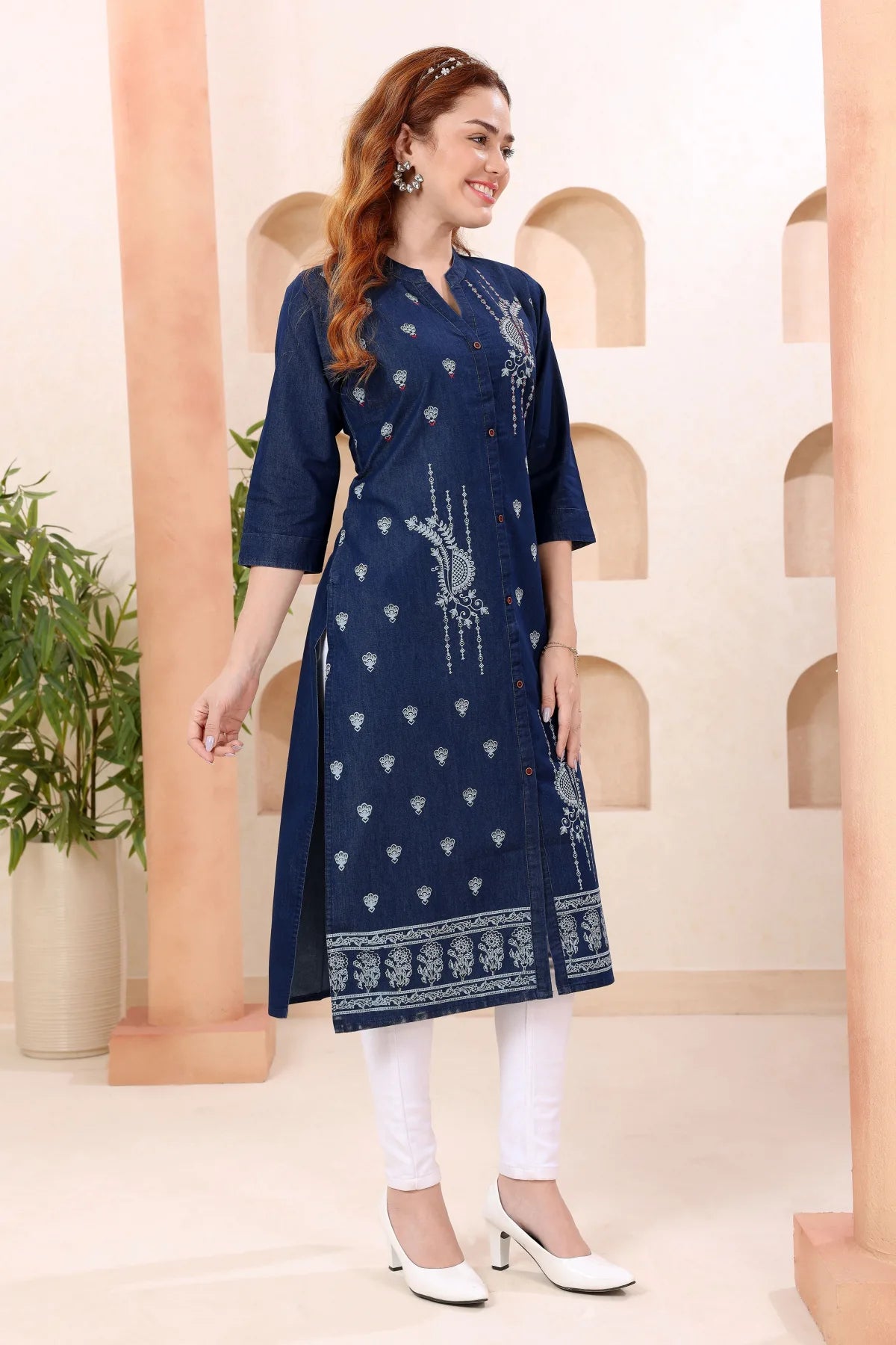 Denim Blue Kurti with Band Collar and Hand Embroidery