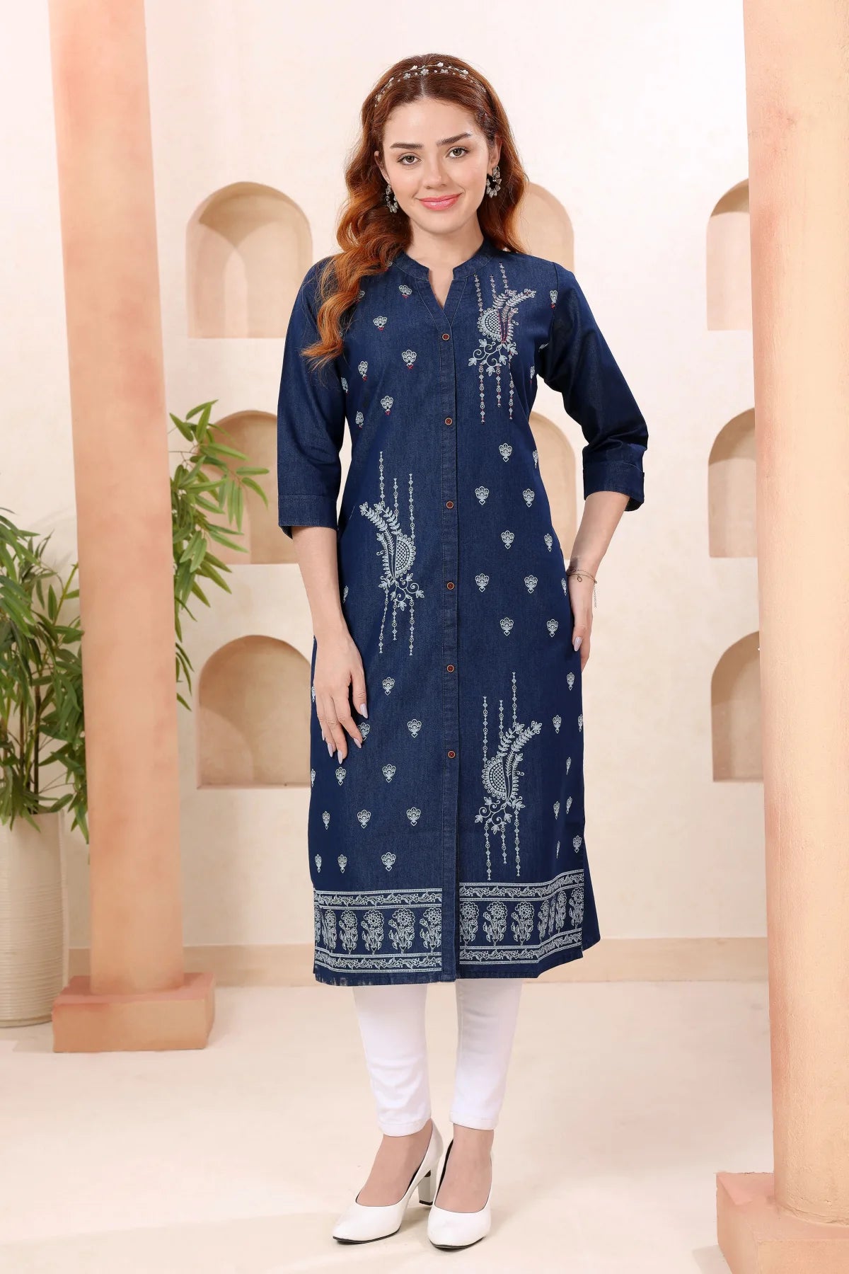 Denim Blue Kurti with Band Collar and Hand Embroidery