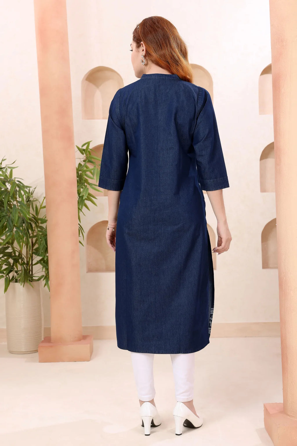Denim Blue Kurti with Band Collar and Hand Embroidery