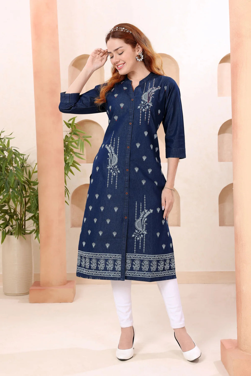 Denim Blue Kurti with Band Collar and Hand Embroidery