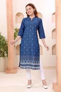 Denim Blue Ban Collar Kurti with Hand Embroidery
