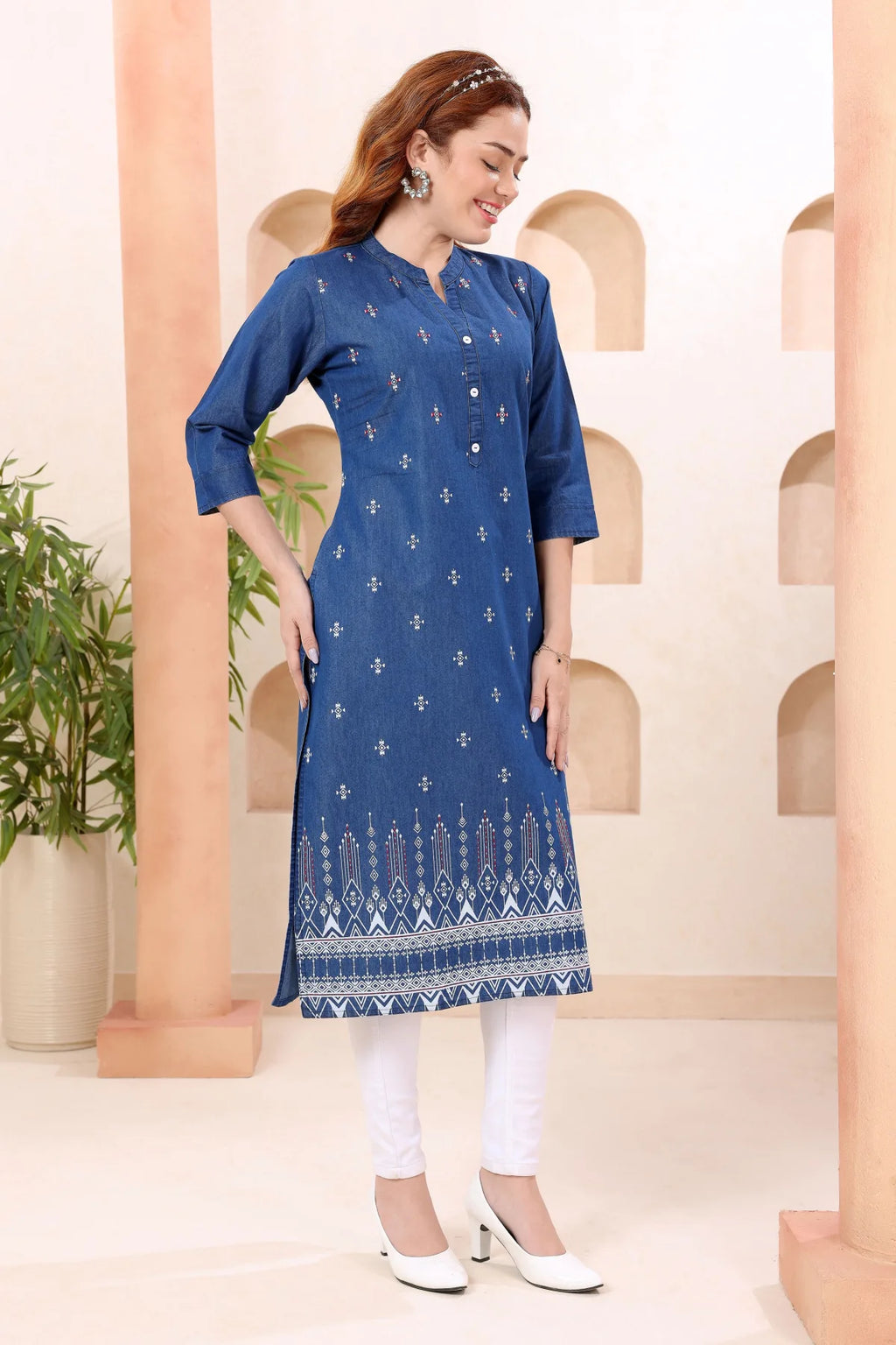 Denim Blue Ban Collar Kurti with Hand Embroidery