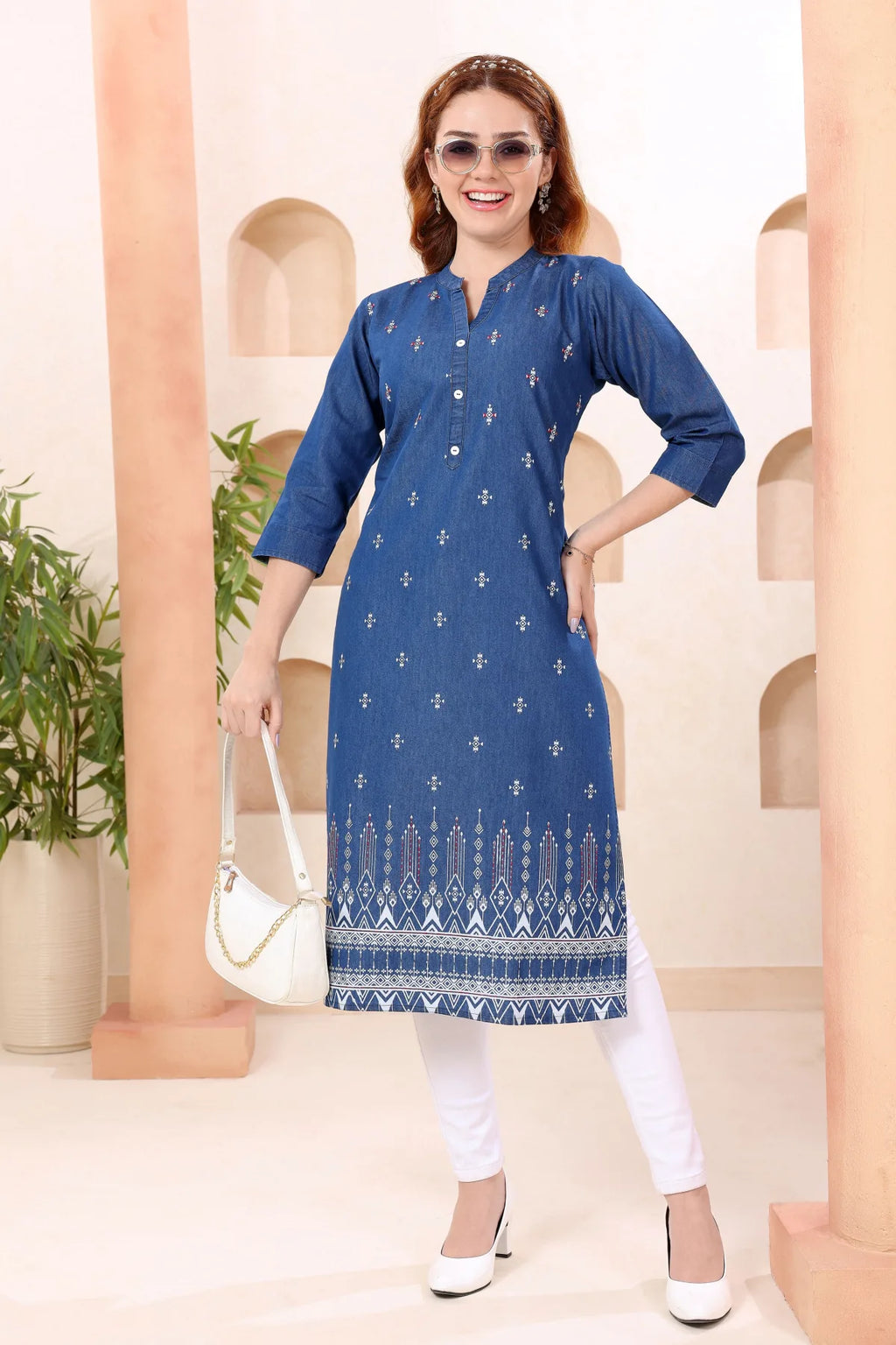 Denim Blue Ban Collar Kurti with Hand Embroidery