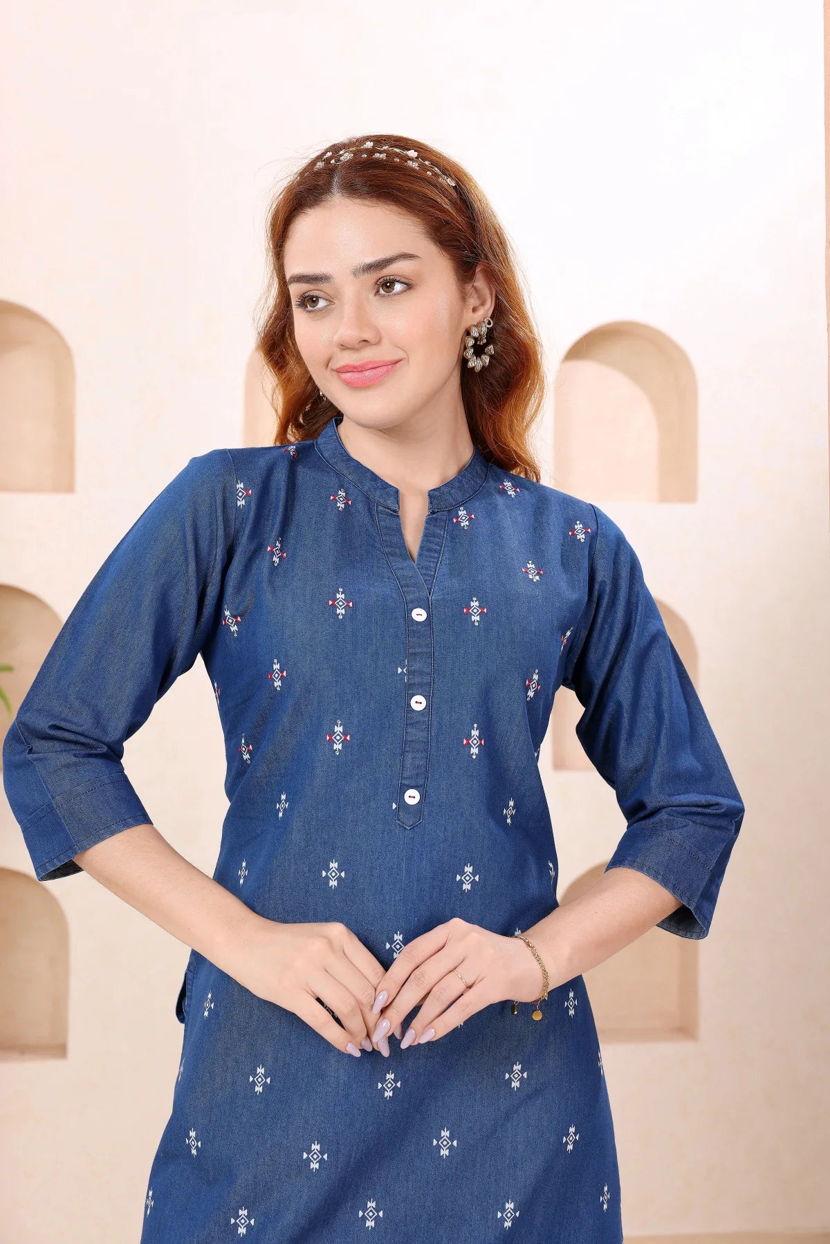 Denim Blue Ban Collar Kurti with Hand Embroidery