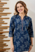 Denim Blue Short Tunic with Wash Print and Thread Work