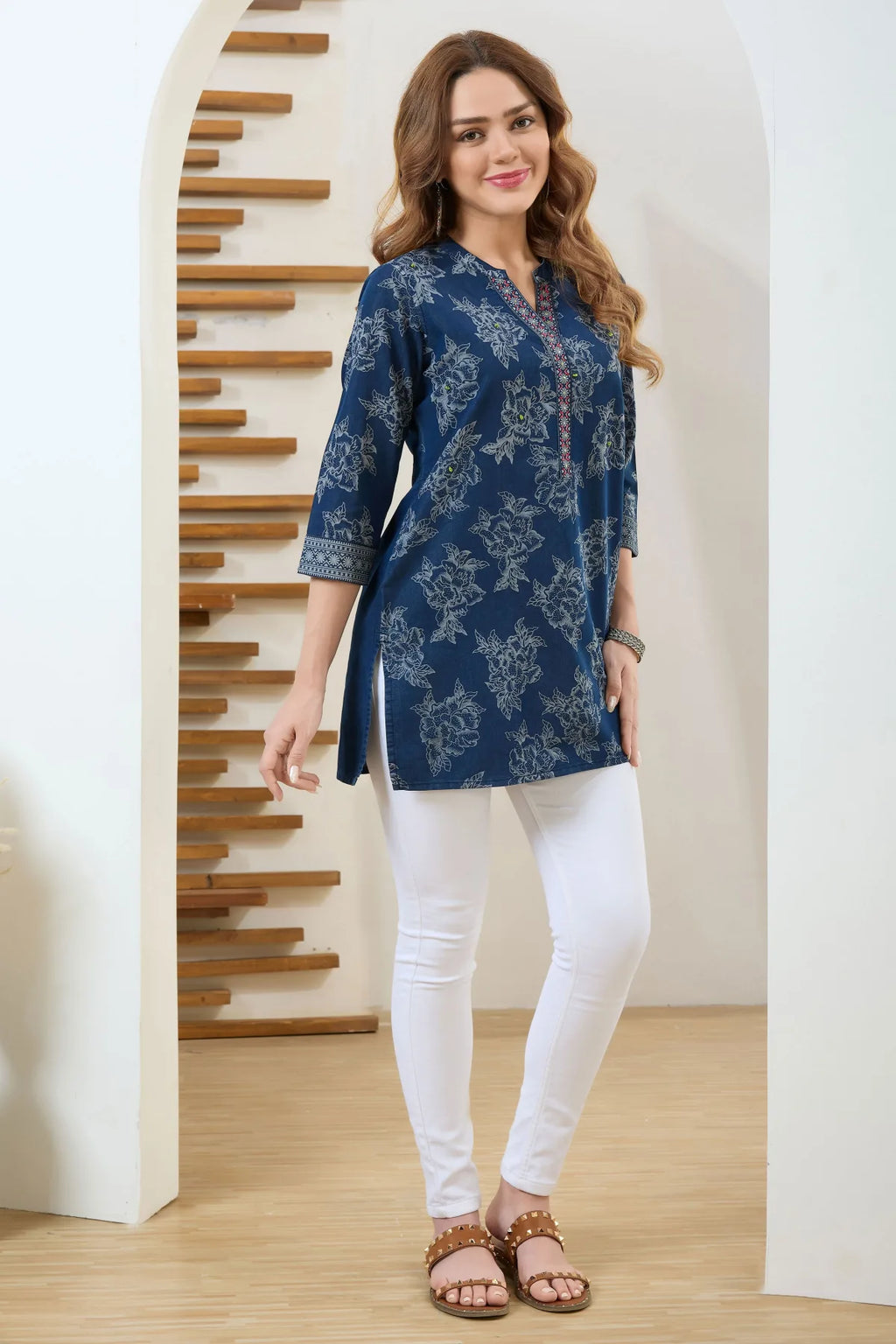 Denim Blue Short Tunic with Wash Print and Thread Work