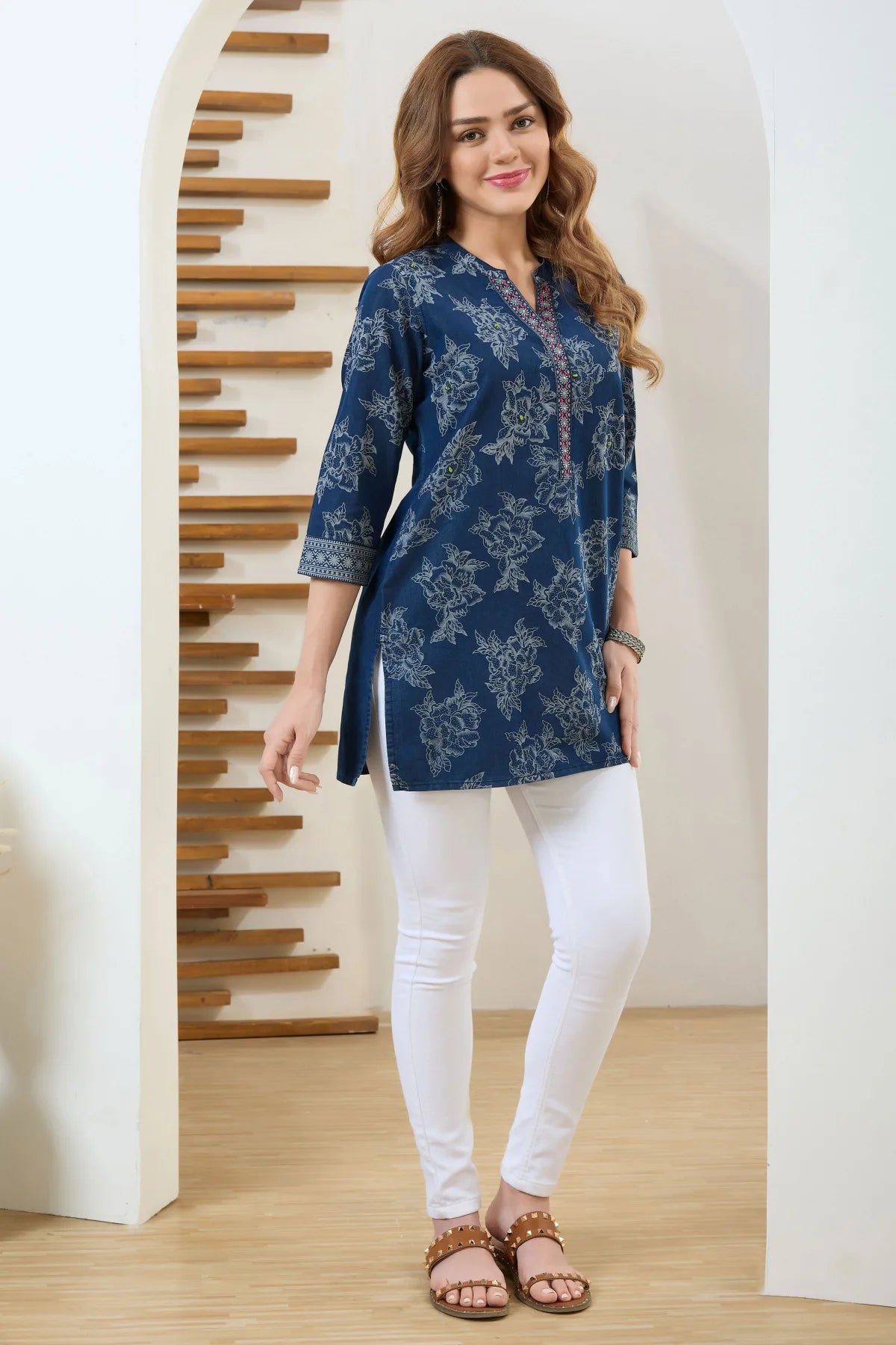 Denim Blue Short Tunic with Wash Print and Thread Work