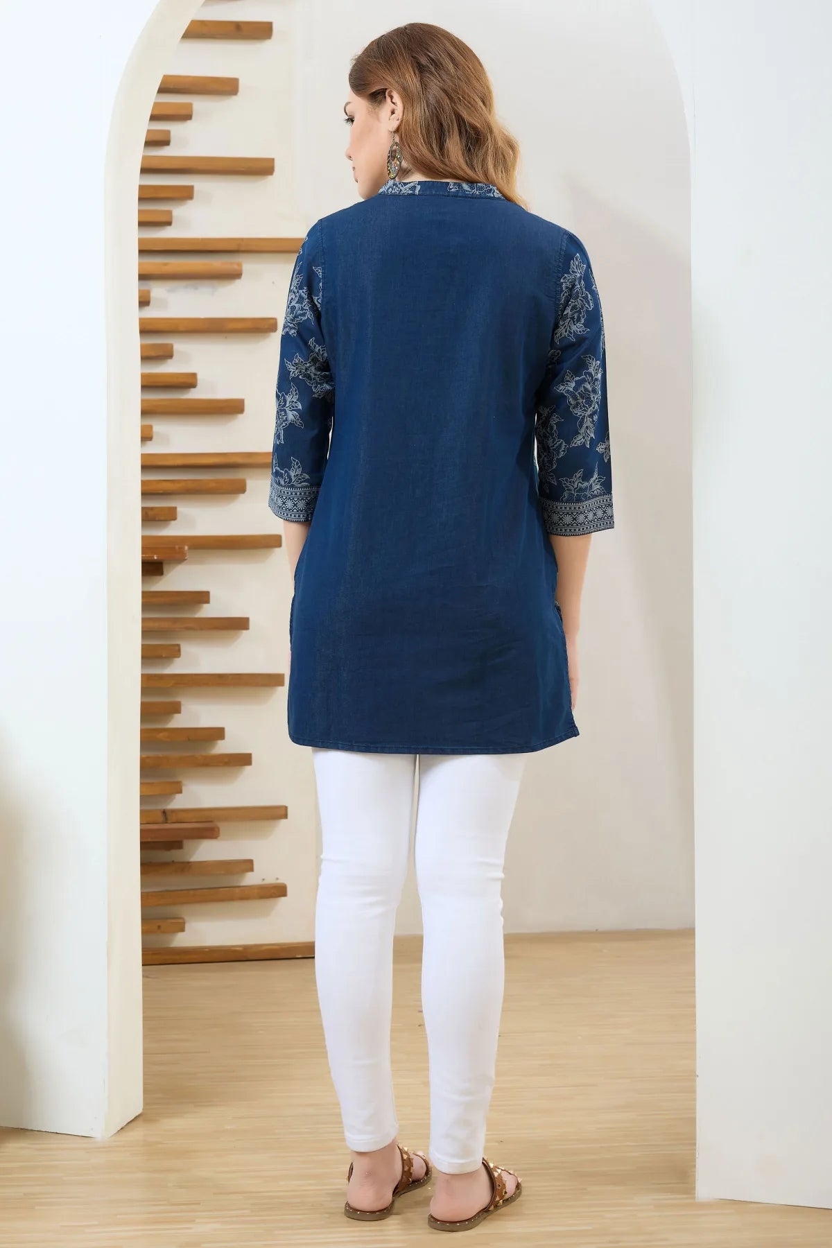 Denim Blue Short Tunic with Wash Print and Thread Work