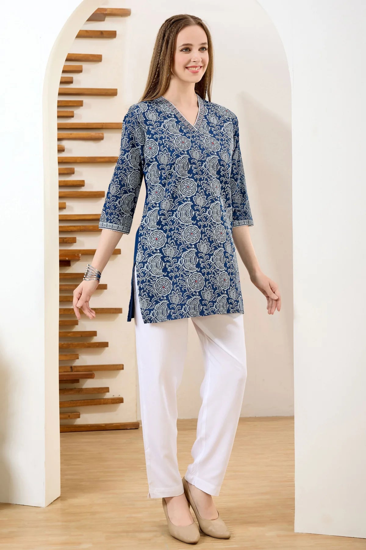 Denim Blue V Neck Short Tunic with Thread Work