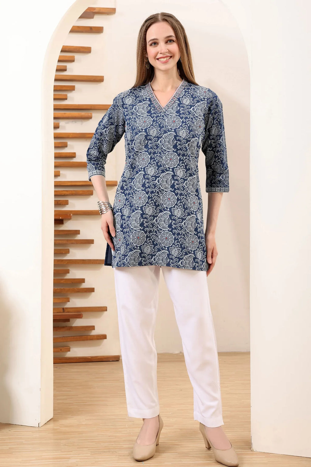 Denim Blue V Neck Short Tunic with Thread Work