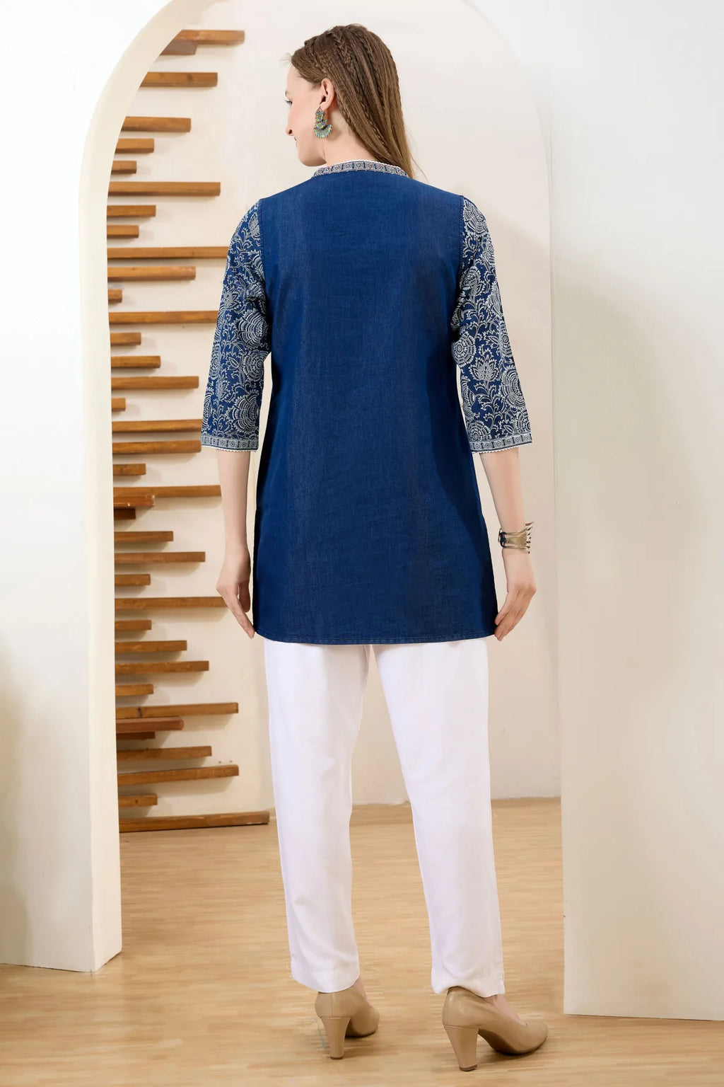 Denim Blue V Neck Short Tunic with Thread Work