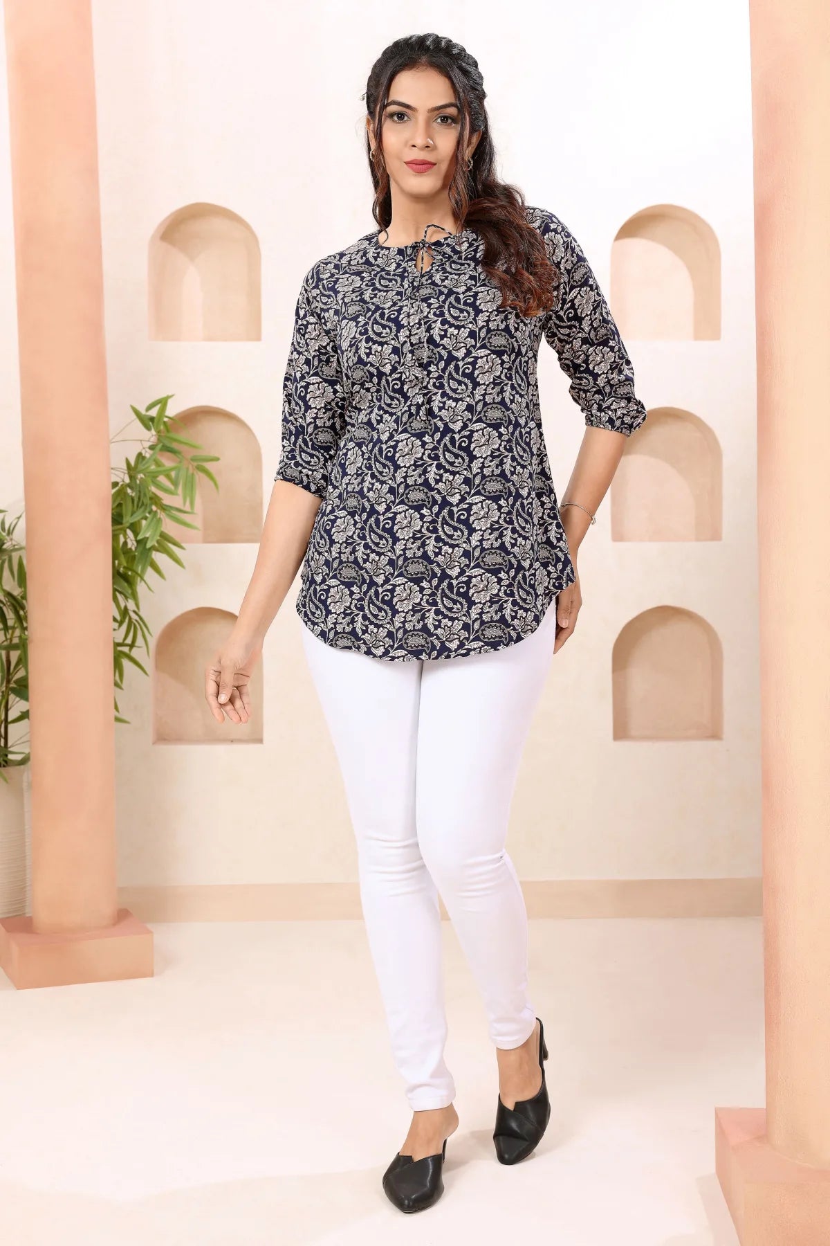 Navy Blue Paisley Print Short Tunic Top