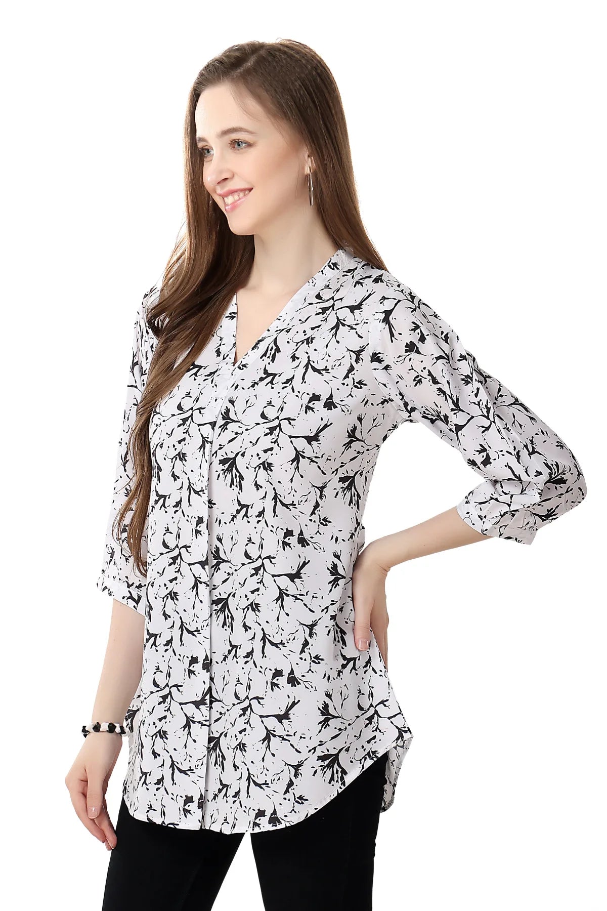 White Faux Crepe Short Tunic with Black and White Print