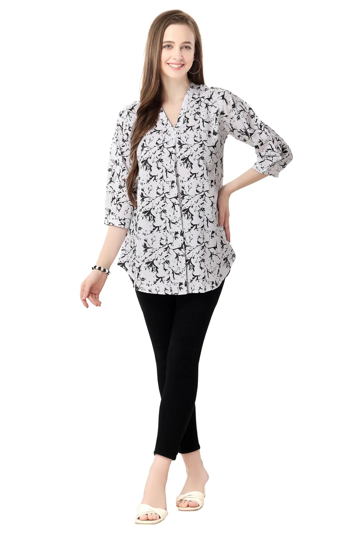White Faux Crepe Short Tunic with Black and White Print