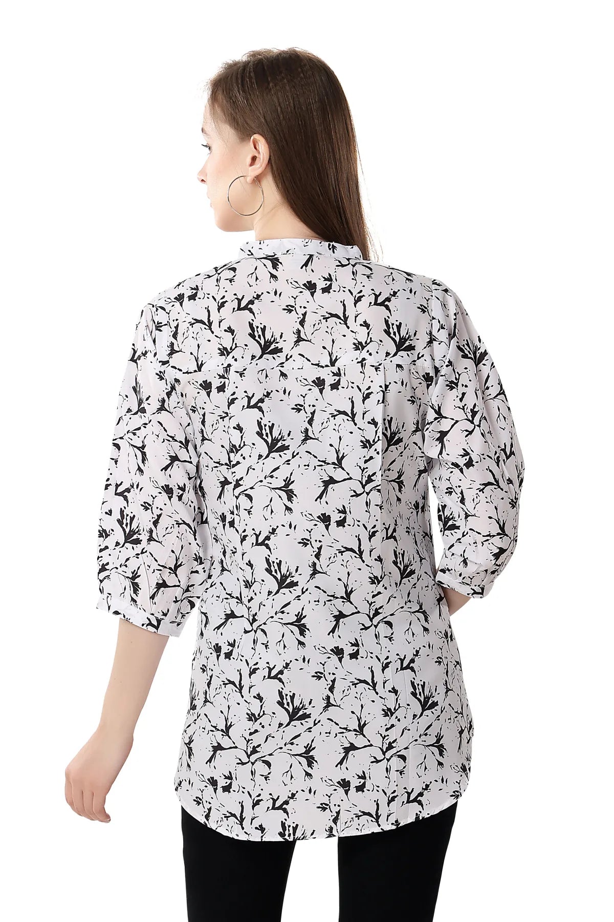 White Faux Crepe Short Tunic with Black and White Print