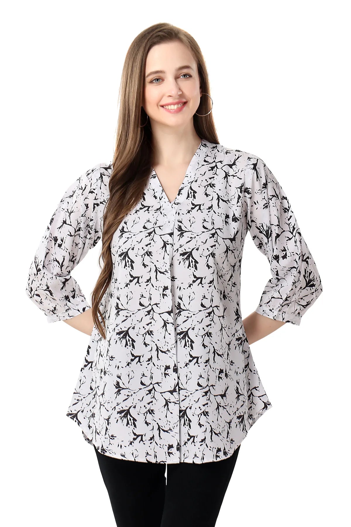 White Faux Crepe Short Tunic with Black and White Print