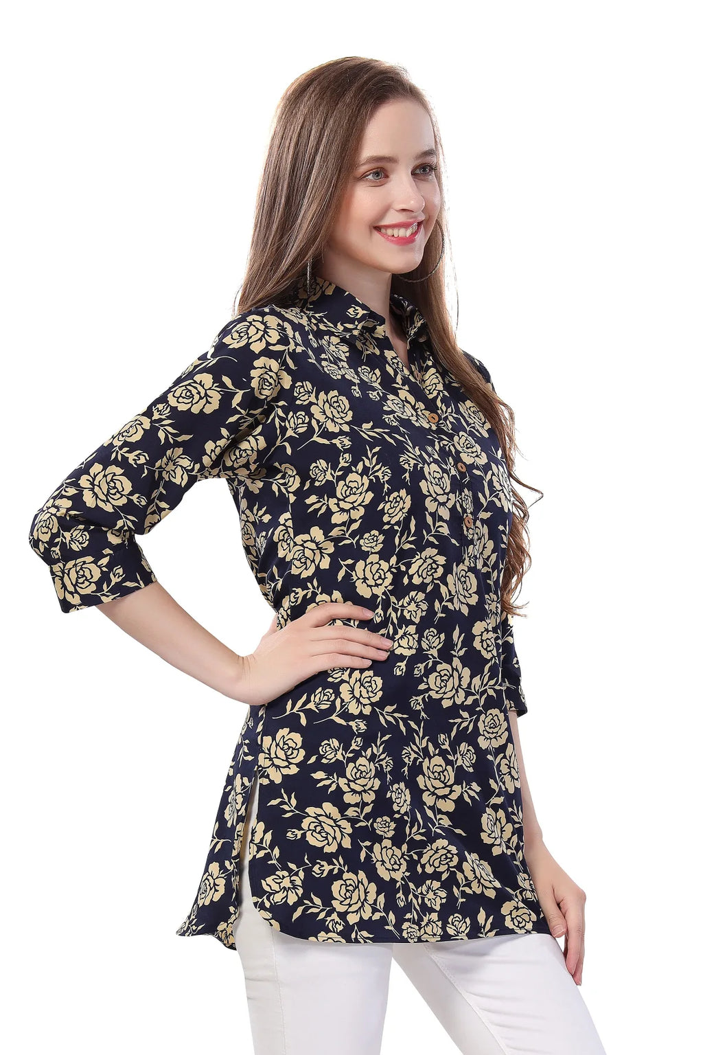 Navy Blue Printed Short Tunic Top for Women