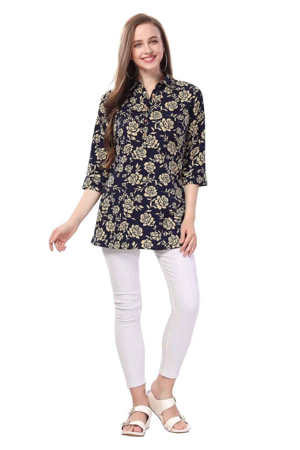 Navy Blue Printed Short Tunic Top for Women