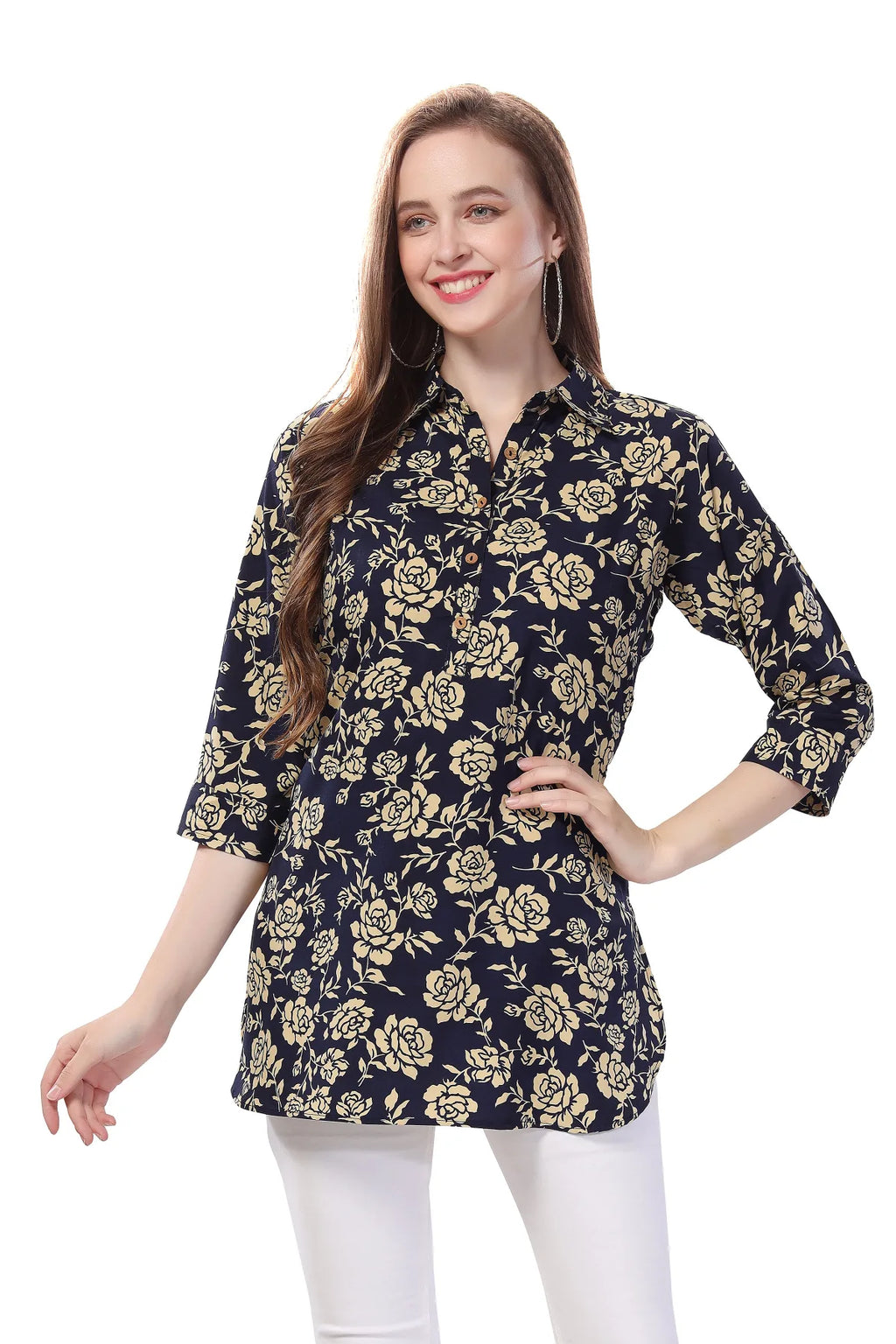 Navy Blue Printed Short Tunic Top for Women