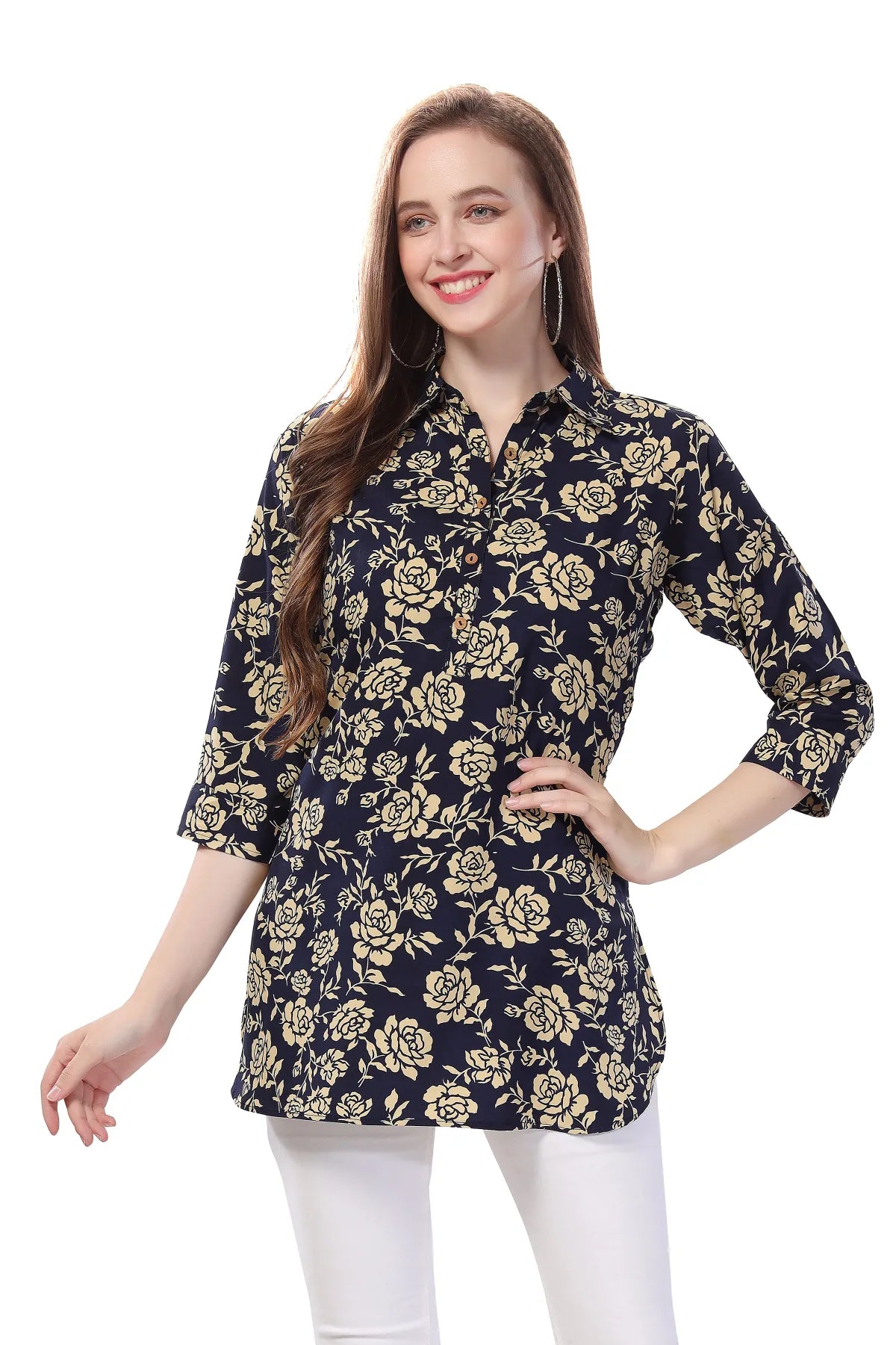 Navy Blue Printed Short Tunic Top for Women