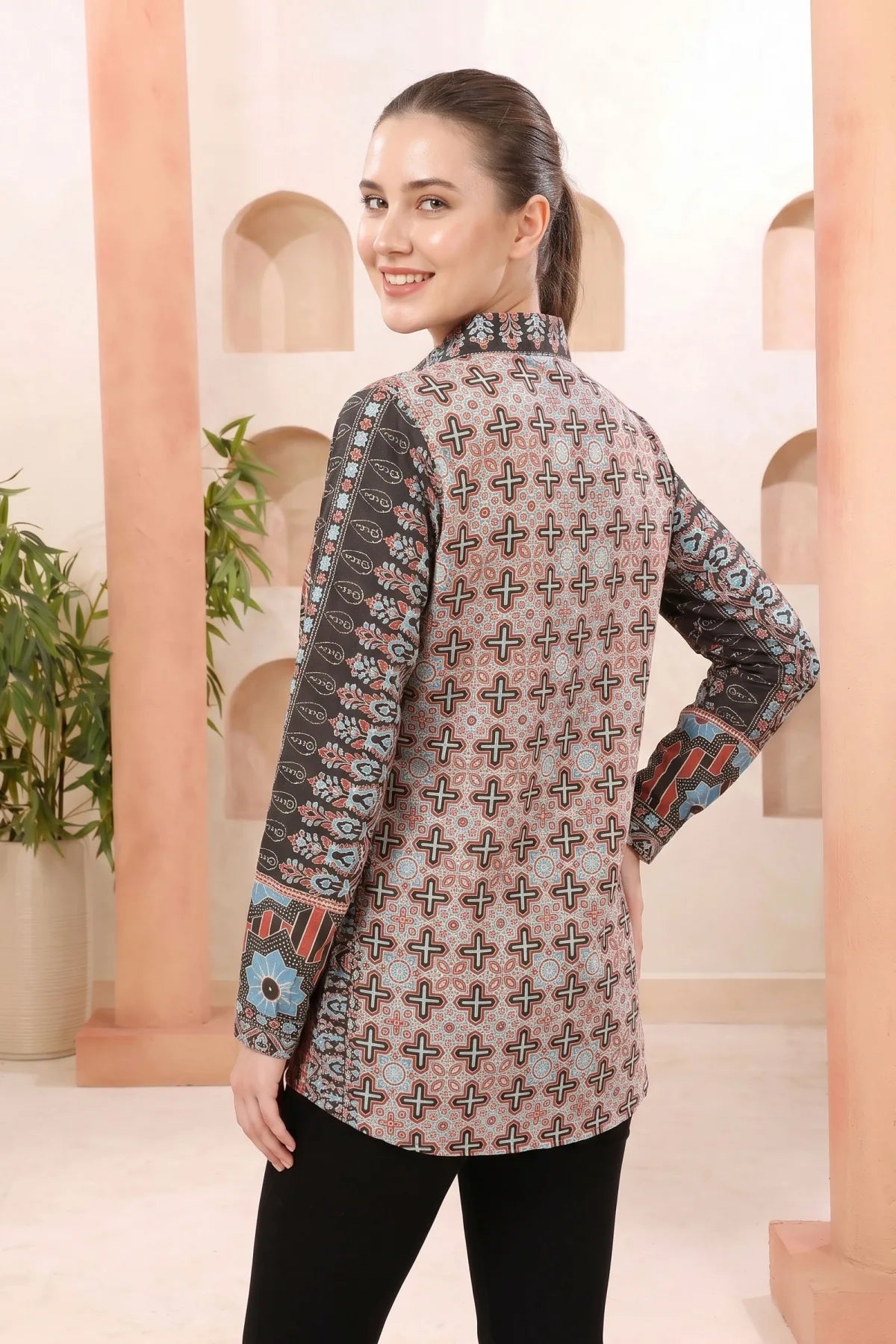 Black Modal Silk Tunic with Abstract Geometric Print