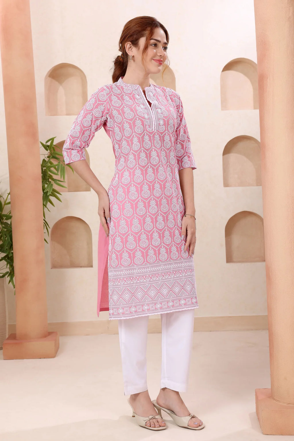 Dark Pink Pure Cotton Chikankari Long Kurti