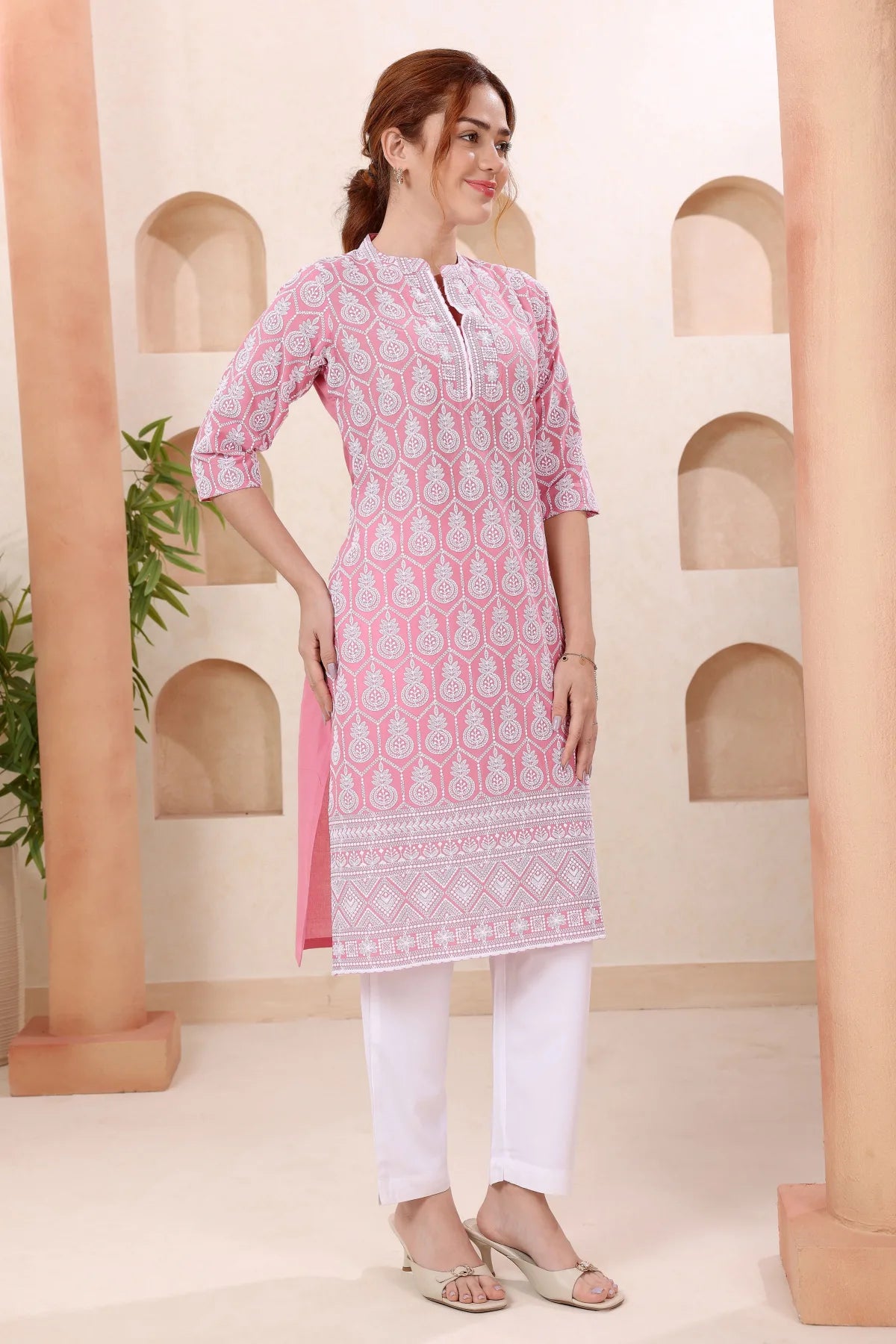 Dark Pink Pure Cotton Chikankari Long Kurti