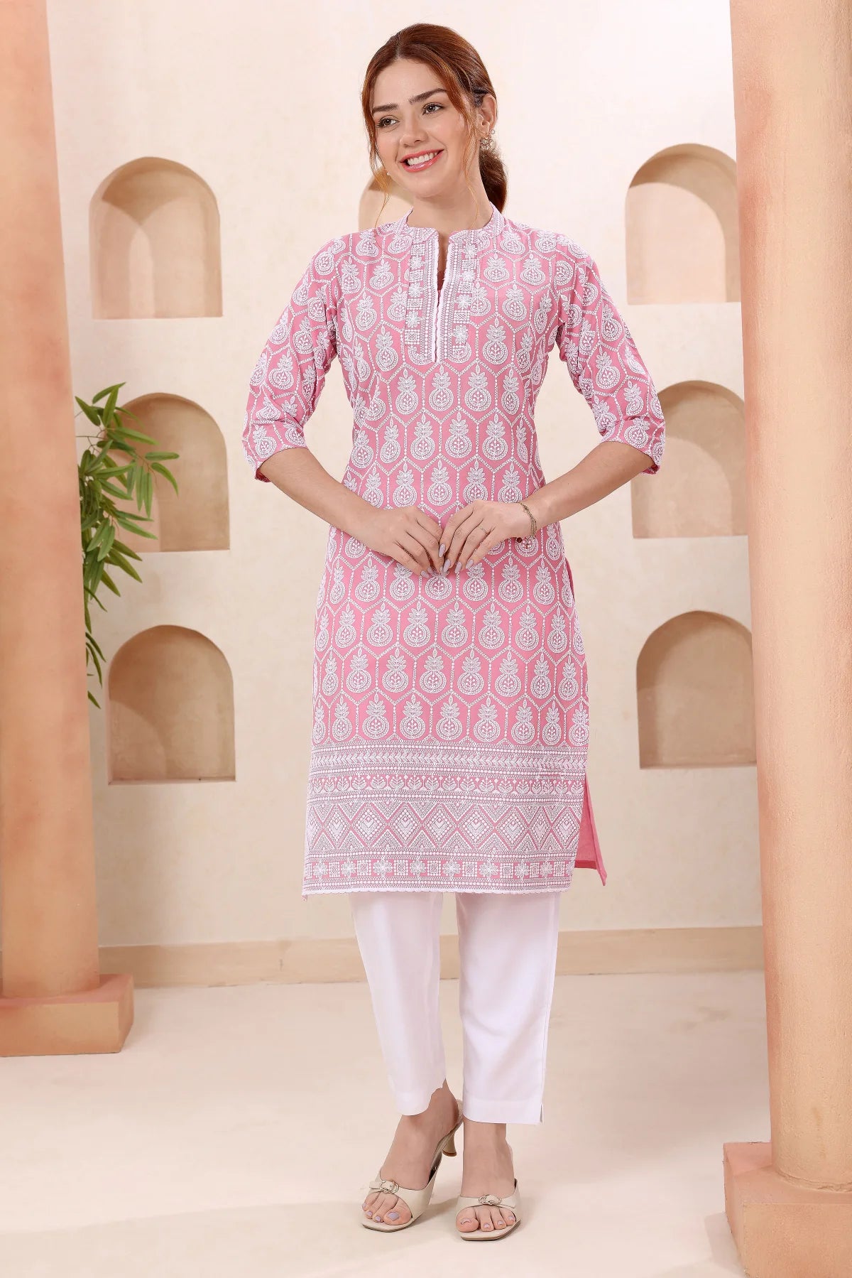 Dark Pink Pure Cotton Chikankari Long Kurti