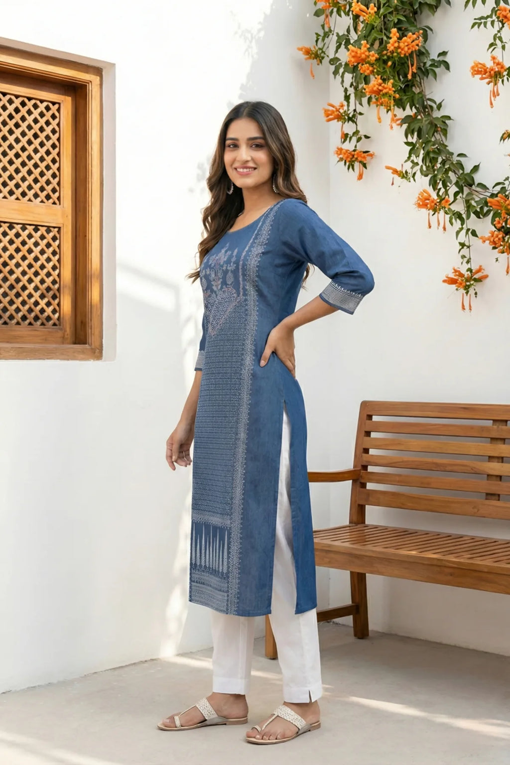 Indigo Blue Denim Long Kurti With Thread Work