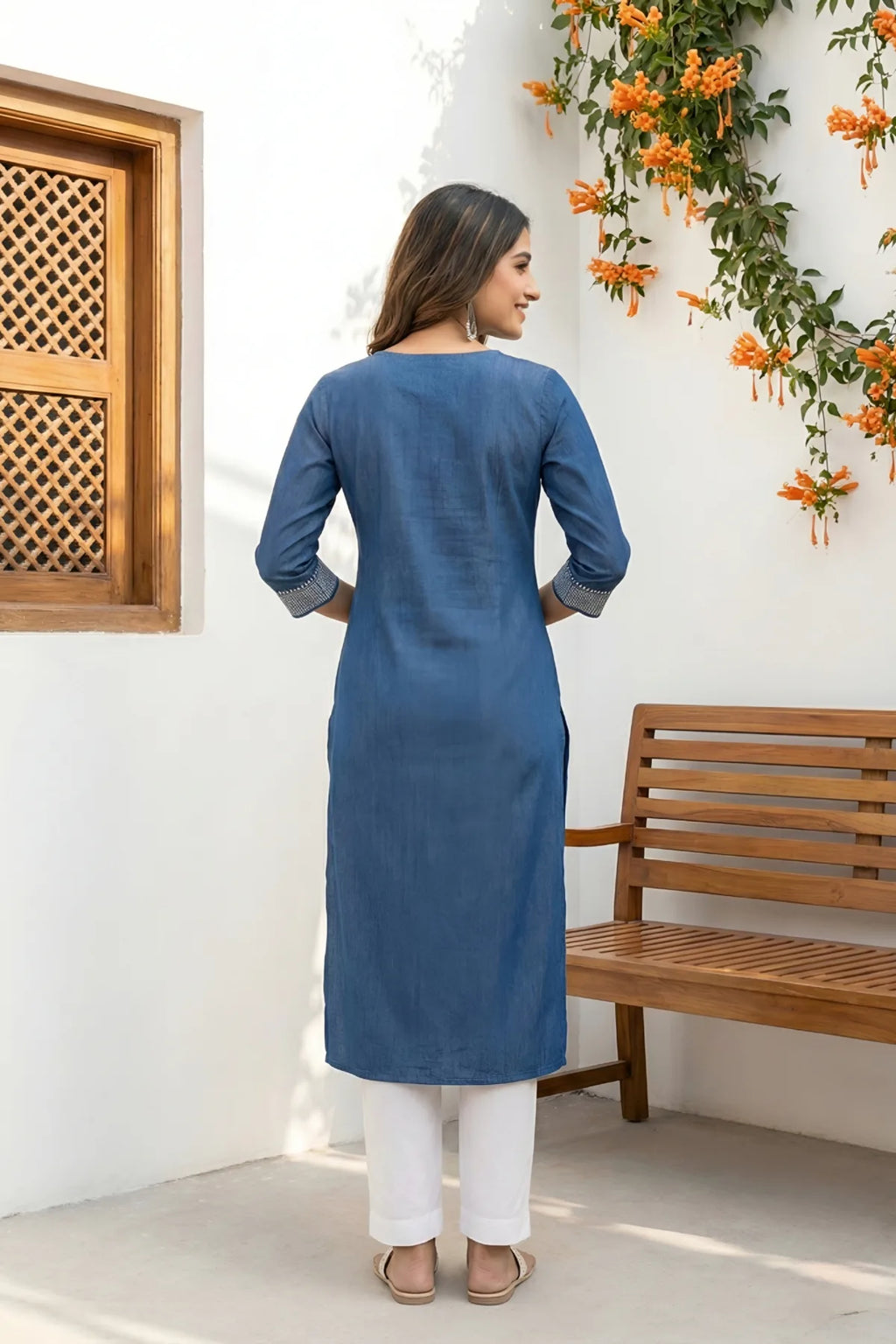 Indigo Blue Denim Long Kurti With Thread Work