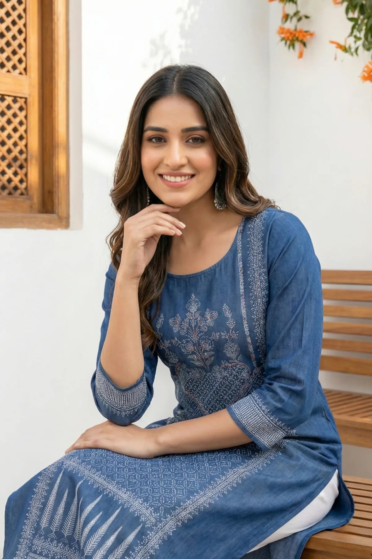Indigo Blue Denim Long Kurti With Thread Work