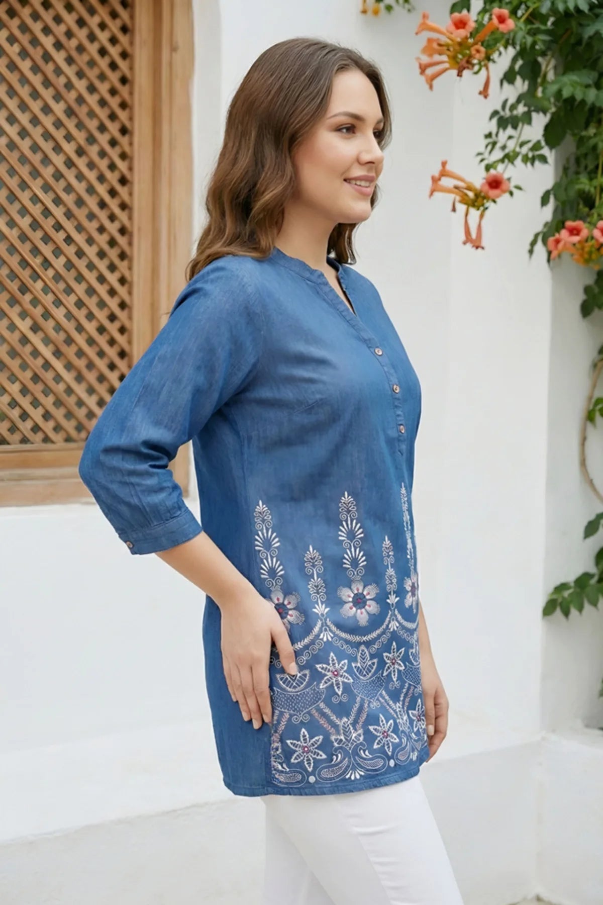 Denim Blue Short Kurti with Ban Collar