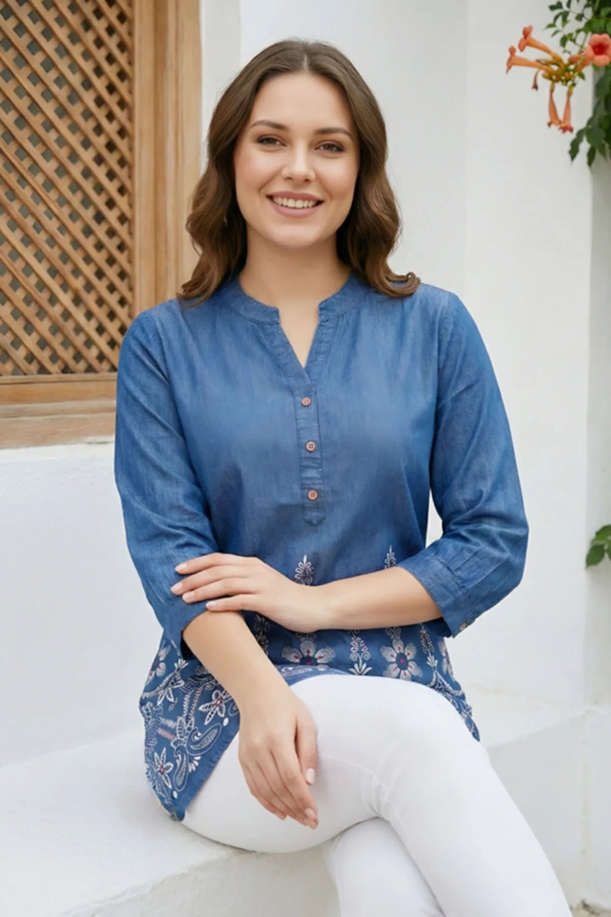 Denim Blue Short Kurti with Ban Collar