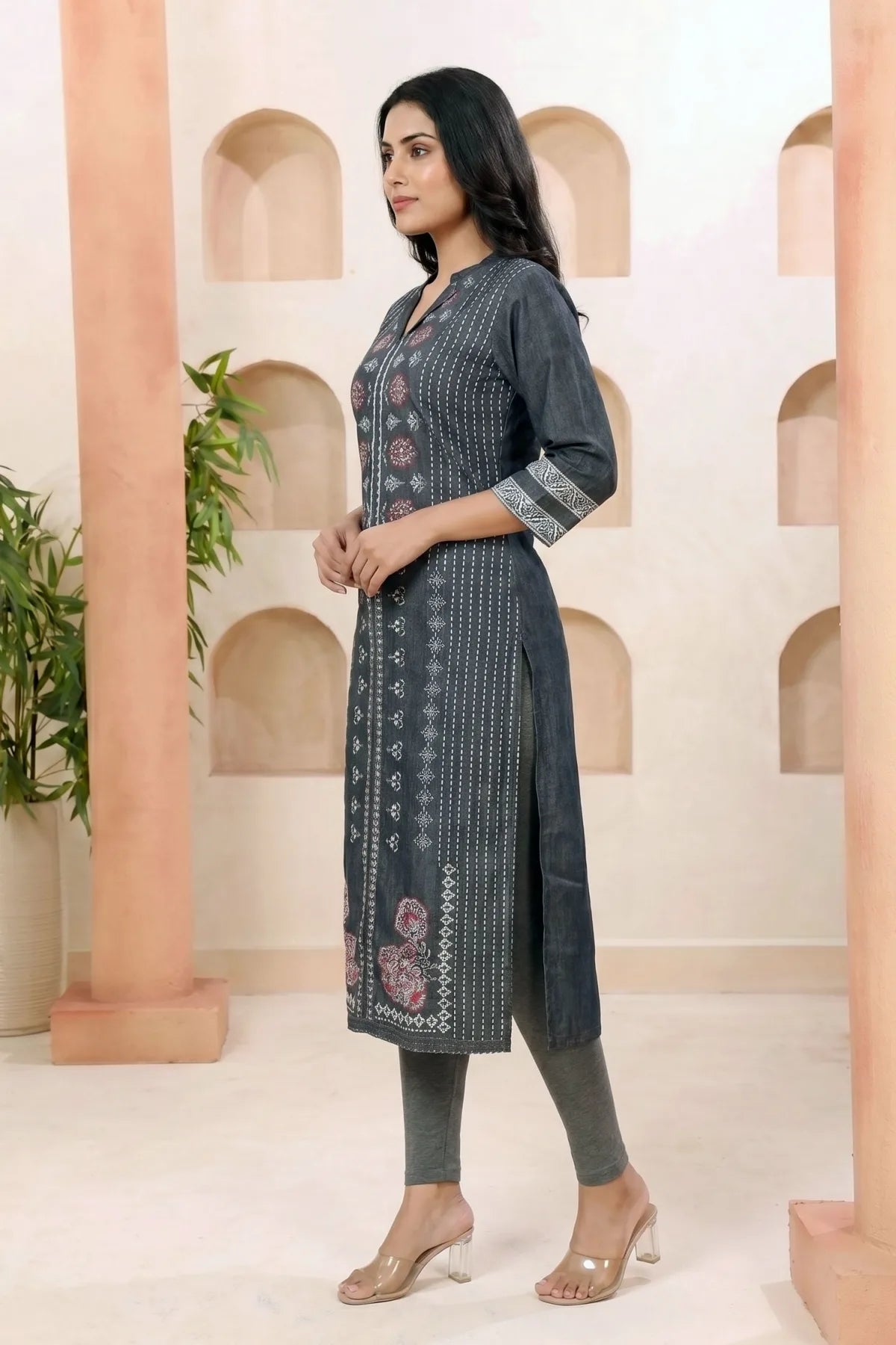 Black Denim Kurti with Discharge Print and Mandarin Collar