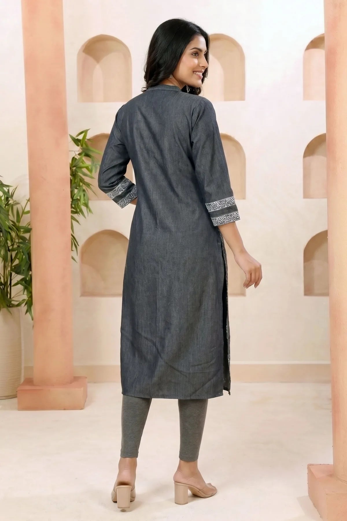 Black Denim Kurti with Discharge Print and Mandarin Collar