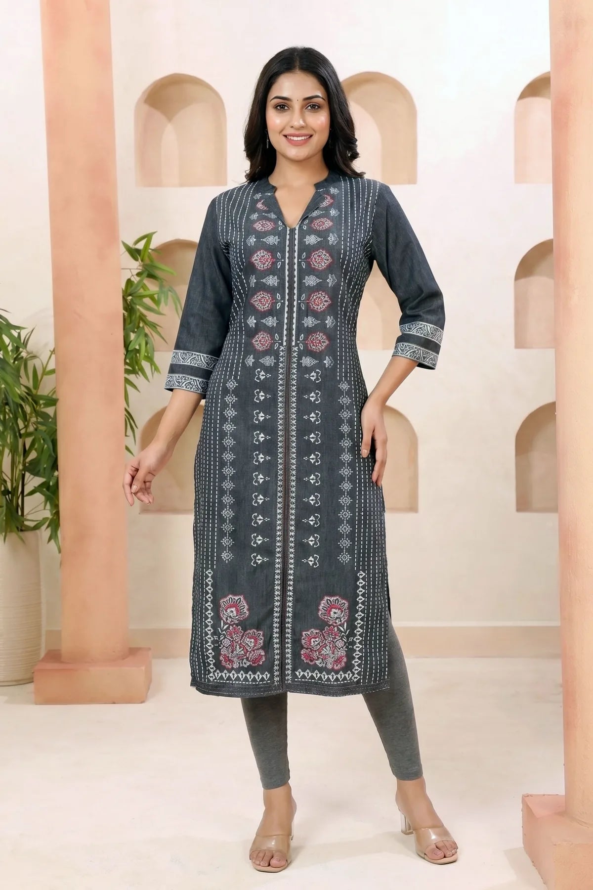 Black Denim Kurti with Discharge Print and Mandarin Collar