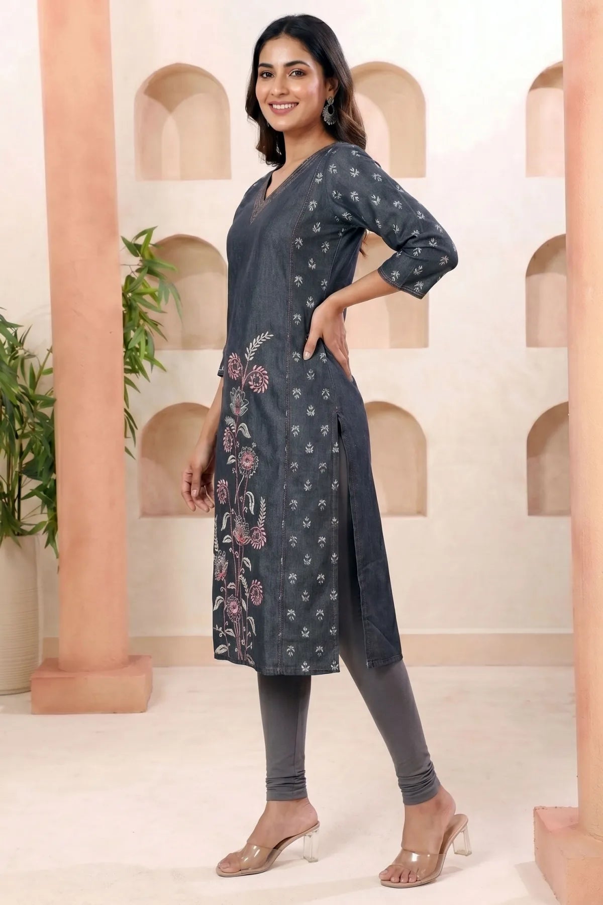 Black Denim Straight Kurti with Floral Discharge Print