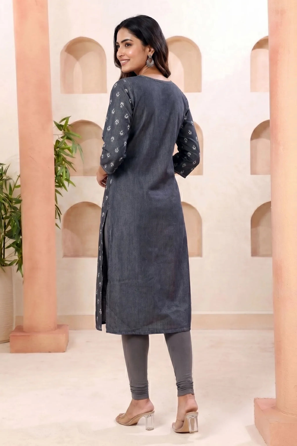 Black Denim Straight Kurti with Floral Discharge Print