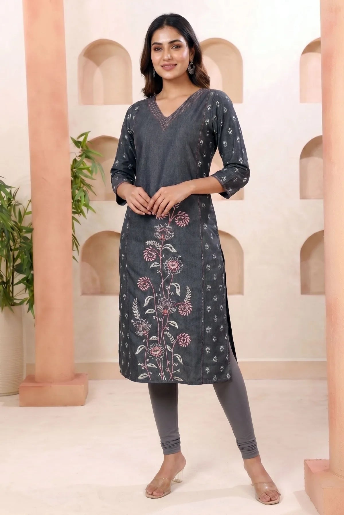 Black Denim Straight Kurti with Floral Discharge Print